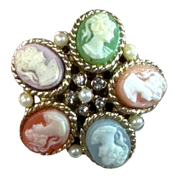 Vintage Pastel Cameo Seed Pearl Gold Tone Clip Earrings Graziano Signed RARE - Picture 8 of 8